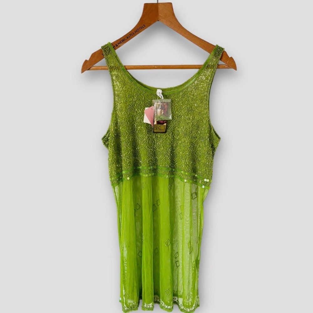 Mesh green beaded embellished mini dress — EUC - see through party dress